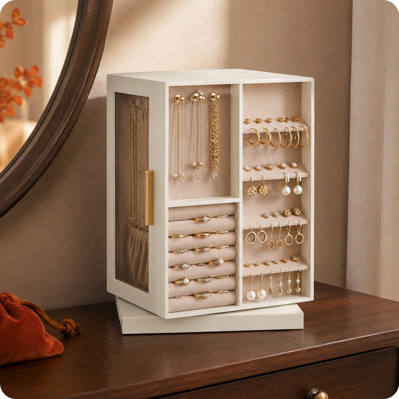 Drehbarer Schmuck-Organizer um 360° mit Schubladen, Haken und Samtbezug