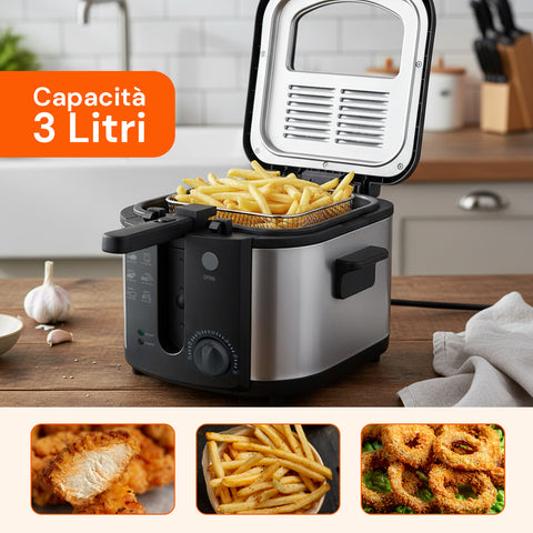 Elektrische 3-Liter-Fritteuse aus Edelstahl mit Geruchsfilter und regelbarem Thermostat