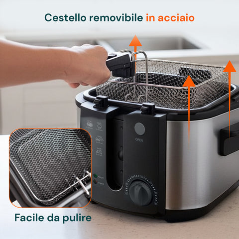 Elektrische 3-Liter-Fritteuse aus Edelstahl mit Geruchsfilter und regelbarem Thermostat