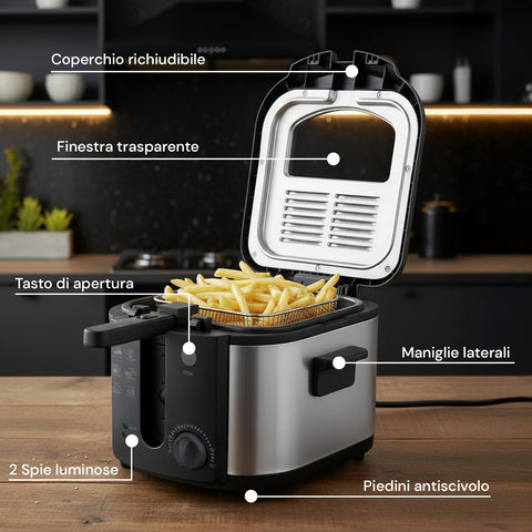 Elektrische 3-Liter-Fritteuse aus Edelstahl mit Geruchsfilter und regelbarem Thermostat