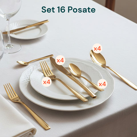 Sibilla-Besteck – 16-teiliges Set aus elegantem, glänzend goldfarbenem Edelstahl