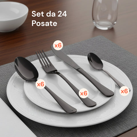 Sibilla Besteck - 24-teiliges Set aus elegantem schwarzem, satiniertem Edelstahl