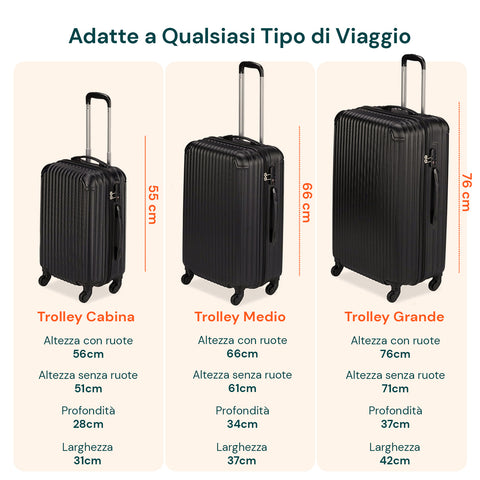 3-teiliges Trolley-Set mit Teleskopgriff und Rollen, 56/66/76 cm, Schwarz