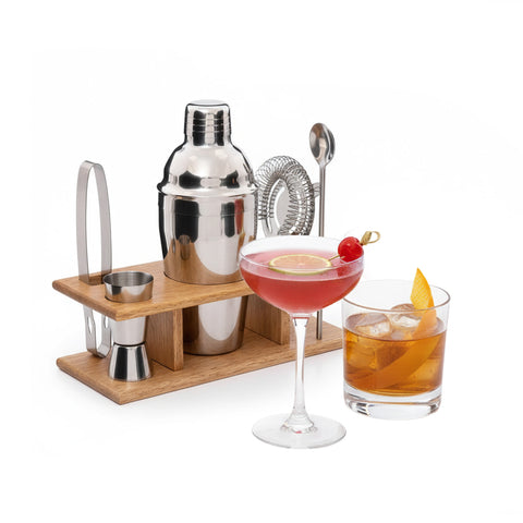 Cocktail-Set, 6-teilig, mit Holzständer - Shaker und Barzubehör
