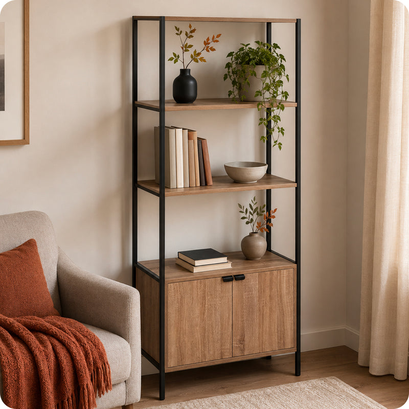 Bücherregal mit 2 Regalböden und Unterschrank, 68x35x176 cm, Schwarz