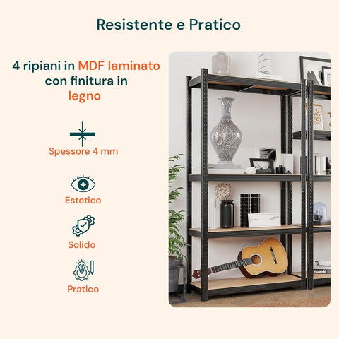 Regal mit 4 Böden aus Stahl und laminiertem MDF in Holzoptik, Gesamttraglast 400 kg