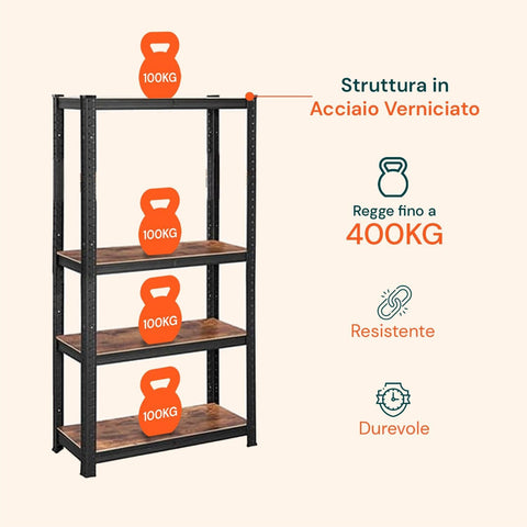 Regal mit 4 Böden aus Stahl und laminiertem MDF in Holzoptik, Gesamttraglast 400 kg