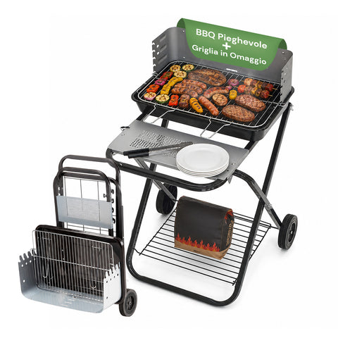 Zusammenklappbarer Grill aus schwarz emailliertem Stahl mit Rädern 60x80x84cm