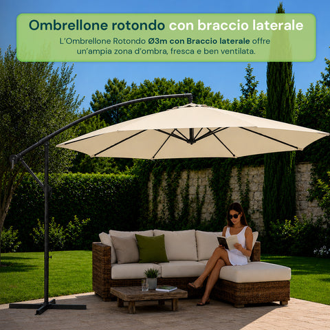 Runder Ø3-m-Sonnenschirm mit seitlichem Arm aus Stahl, Kurbel und wasserabweisendem, UV-beständigem Polyester (180 g/m²) für Garten und Terrasse
