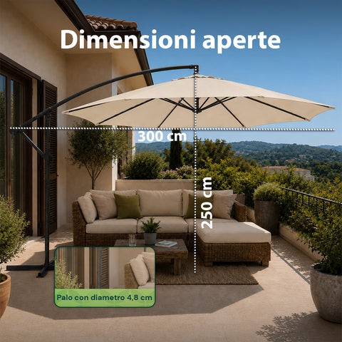 Runder Ø3-m-Sonnenschirm mit seitlichem Arm aus Stahl, Kurbel und wasserabweisendem, UV-beständigem Polyester (180 g/m²) für Garten und Terrasse