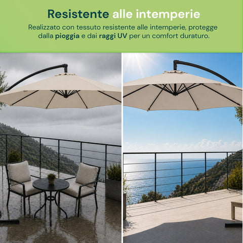 Runder Ø3-m-Sonnenschirm mit seitlichem Arm aus Stahl, Kurbel und wasserabweisendem, UV-beständigem Polyester (180 g/m²) für Garten und Terrasse