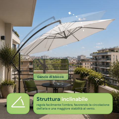 Runder Ø3-m-Sonnenschirm mit seitlichem Arm aus Stahl, Kurbel und wasserabweisendem, UV-beständigem Polyester (180 g/m²) für Garten und Terrasse