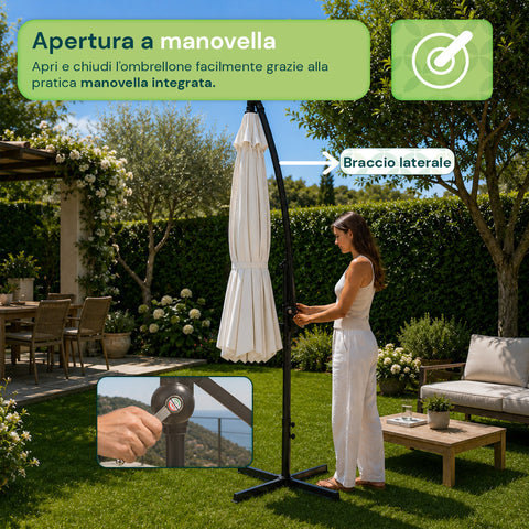 Runder Ø3-m-Sonnenschirm mit seitlichem Arm aus Stahl, Kurbel und wasserabweisendem, UV-beständigem Polyester (180 g/m²) für Garten und Terrasse