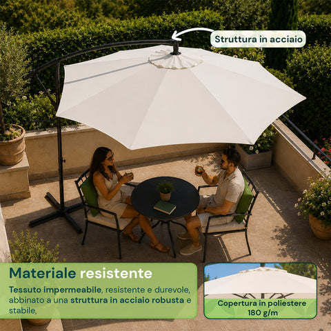 Runder Ø3-m-Sonnenschirm mit seitlichem Arm aus Stahl, Kurbel und wasserabweisendem, UV-beständigem Polyester (180 g/m²) für Garten und Terrasse