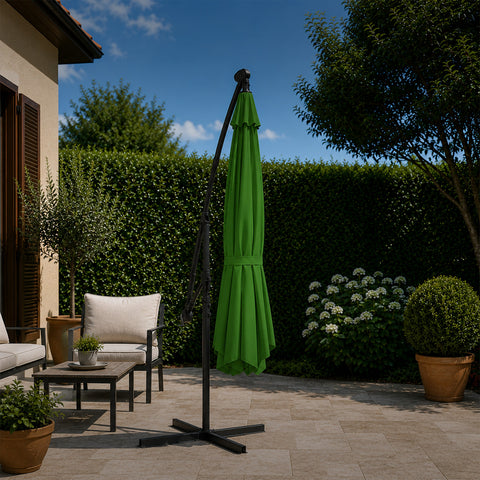 Runder Ø3-m-Sonnenschirm mit seitlichem Arm aus Stahl, Kurbel und wasserabweisendem, UV-beständigem Polyester (180 g/m²) für Garten und Terrasse