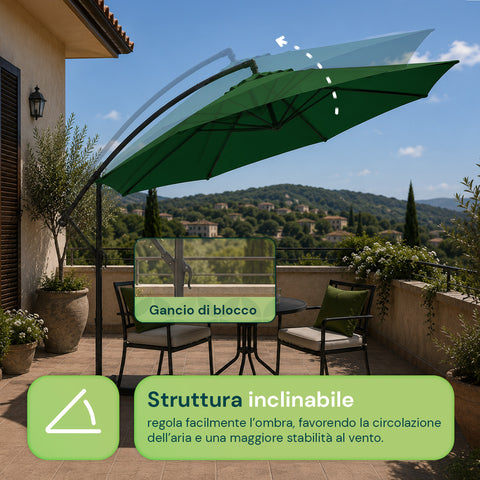 Runder Sonnenschirm Ø3 m mit seitlichem Arm aus Stahl, Kurbel, 180 g/m² Polyester, wasserdicht und UV-beständig, für Garten und Terrasse
