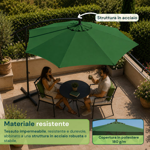 Runder Ø3-m-Sonnenschirm mit seitlichem Arm aus Stahl, Kurbel und wasserabweisendem, UV-beständigem Polyester (180 g/m²) für Garten und Terrasse