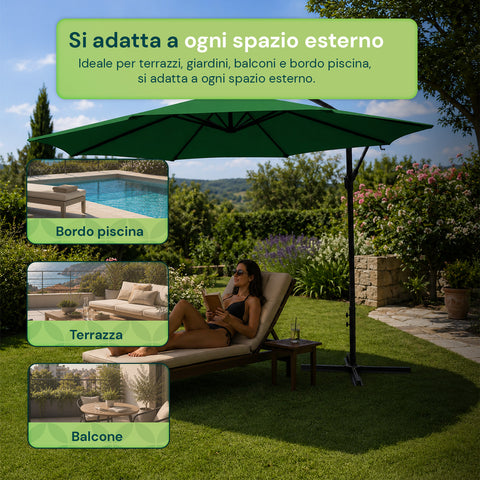 Runder Ø3-m-Sonnenschirm mit seitlichem Arm aus Stahl, Kurbel und wasserabweisendem, UV-beständigem Polyester (180 g/m²) für Garten und Terrasse
