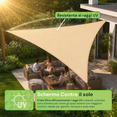 Dreieckiges, beige Sonnensegel, wasserabweisend, mit UV-Schutz für den Außenbereich