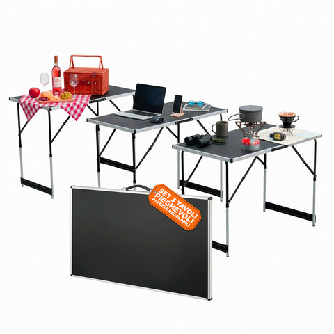Set aus 3 klappbaren Tischen mit 4 einstellbaren Höhen und Aluminiumgestell