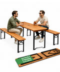 Set aus Gartentisch und 2 klappbaren Bänken, 120 cm / 180 cm, aus Holz mit Eisengestell und 5-cm-Sonnenschirmöffnung – Tischtragfähigkeit 200 kg