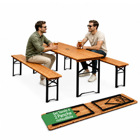 Set aus Gartentisch und 2 klappbaren Bänken, 120 cm / 180 cm, aus Holz mit Eisengestell und 5-cm-Sonnenschirmöffnung – Tischtragfähigkeit 200 kg
