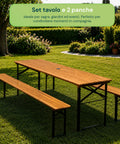 Set aus Gartentisch und 2 klappbaren Bänken, 120 cm / 180 cm, aus Holz mit Eisengestell und 5-cm-Sonnenschirmöffnung – Tischtragfähigkeit 200 kg