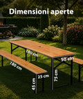 Set aus Gartentisch und 2 klappbaren Bänken, 120 cm / 180 cm, aus Holz mit Eisengestell und 5-cm-Sonnenschirmöffnung – Tischtragfähigkeit 200 kg