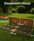 Set aus Gartentisch und 2 klappbaren Bänken, 120 cm / 180 cm, aus Holz mit Eisengestell und 5-cm-Sonnenschirmöffnung – Tischtragfähigkeit 200 kg