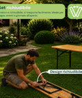 Set aus Gartentisch und 2 klappbaren Bänken, 120 cm / 180 cm, aus Holz mit Eisengestell und 5-cm-Sonnenschirmöffnung – Tischtragfähigkeit 200 kg