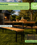 Set aus Gartentisch und 2 klappbaren Bänken, 120 cm / 180 cm, aus Holz mit Eisengestell und 5-cm-Sonnenschirmöffnung – Tischtragfähigkeit 200 kg