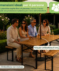 Set aus Gartentisch und 2 klappbaren Bänken, 120 cm / 180 cm, aus Holz mit Eisengestell und 5-cm-Sonnenschirmöffnung – Tischtragfähigkeit 200 kg