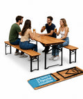 Set aus Gartentisch und 2 klappbaren Bänken, 120 cm / 180 cm, aus Holz mit Eisengestell und 5-cm-Sonnenschirmöffnung – Tischtragfähigkeit 200 kg