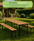 Set aus Gartentisch und 2 klappbaren Bänken, 120 cm / 180 cm, aus Holz mit Eisengestell und 5-cm-Sonnenschirmöffnung – Tischtragfähigkeit 200 kg