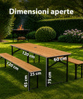 Set aus Gartentisch und 2 klappbaren Bänken, 120 cm / 180 cm, aus Holz mit Eisengestell und 5-cm-Sonnenschirmöffnung – Tischtragfähigkeit 200 kg