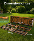 Set aus Gartentisch und 2 klappbaren Bänken, 120 cm / 180 cm, aus Holz mit Eisengestell und 5-cm-Sonnenschirmöffnung – Tischtragfähigkeit 200 kg