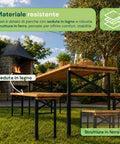 Set aus Gartentisch und 2 klappbaren Bänken, 120 cm / 180 cm, aus Holz mit Eisengestell und 5-cm-Sonnenschirmöffnung – Tischtragfähigkeit 200 kg