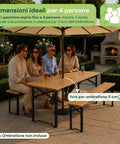 Set aus Gartentisch und 2 klappbaren Bänken, 120 cm / 180 cm, aus Holz mit Eisengestell und 5-cm-Sonnenschirmöffnung – Tischtragfähigkeit 200 kg