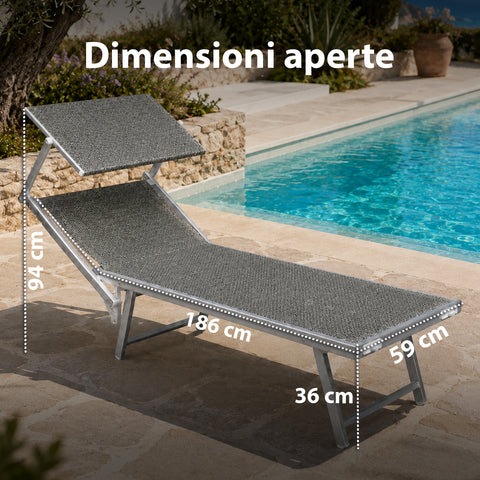 Klappbare Sonnenliege aus Aluminium und Textilene mit 360° Sonnendach – Verstellbare Rückenlehne und 150kg Tragkraft