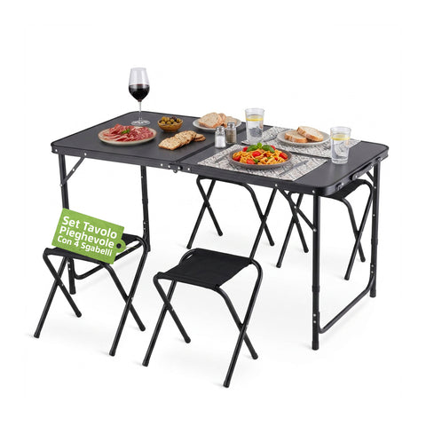Faltbares Campingtisch-Set mit 4 Hockern – Leichtes und robustes Aluminiumgestell – Tisch in 3 Höhen verstellbar – Belastbarkeit 50 kg/100 kg – Platzsparendes Kofferdesign
