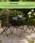 Set aus Gartentisch und 2 zusammenklappbaren Eisenstühlen – Runder Tisch ø 60 cm und 2 platzsparende Stühle – Belastbarkeit 150 kg/100 kg
