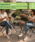 Set aus Gartentisch und 2 zusammenklappbaren Eisenstühlen – Runder Tisch ø 60 cm und 2 platzsparende Stühle – Belastbarkeit 150 kg/100 kg