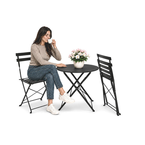 Zusammenklappbares Gartentisch-Set aus Eisen mit 2 Stühlen – runder Tisch ø 60cm und 2 platzsparende Stühle – Tragfähigkeit 150kg/100kg