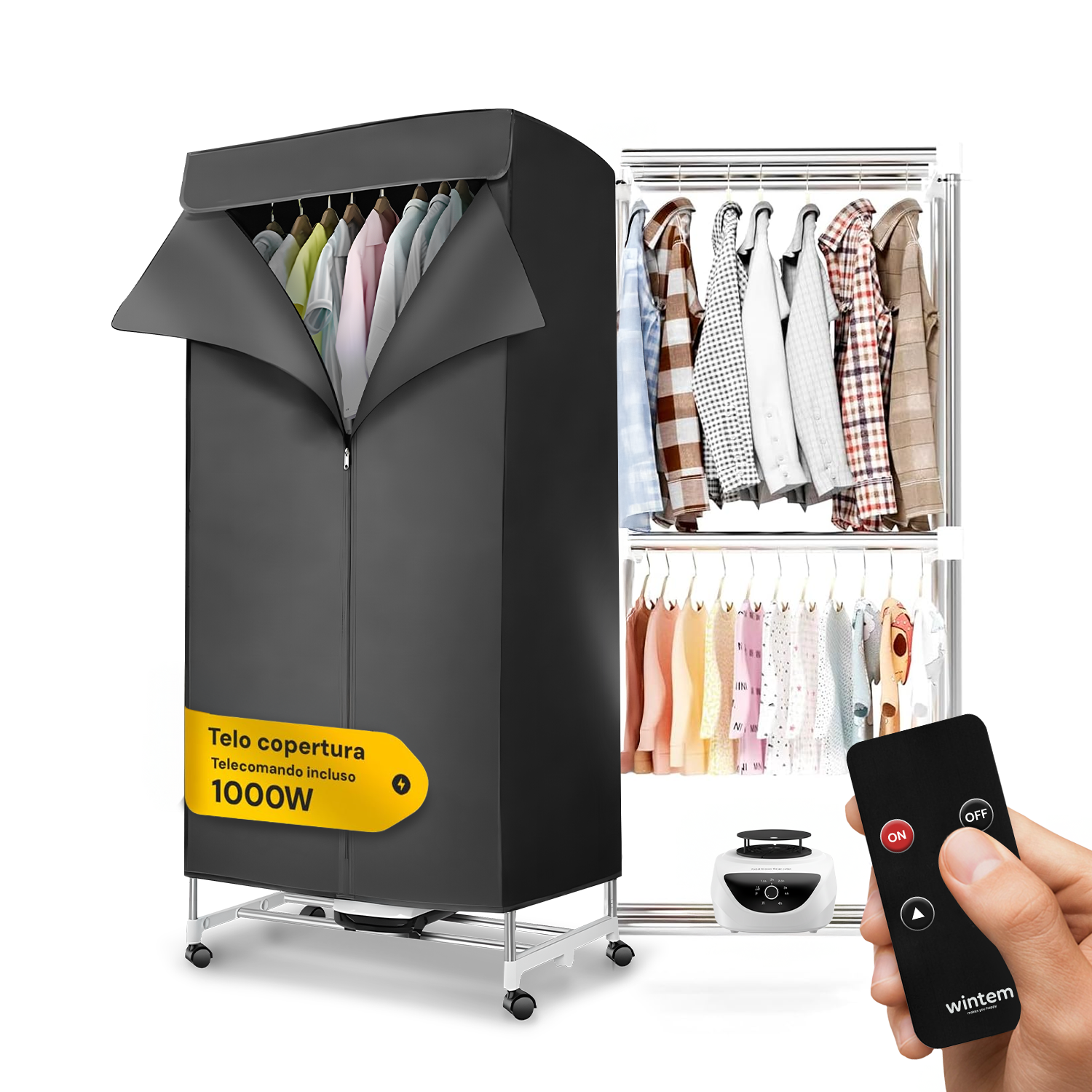 Rechteckiger Wäschetrockner mit Warmluft, Timer und Abdeckung, 1000 W