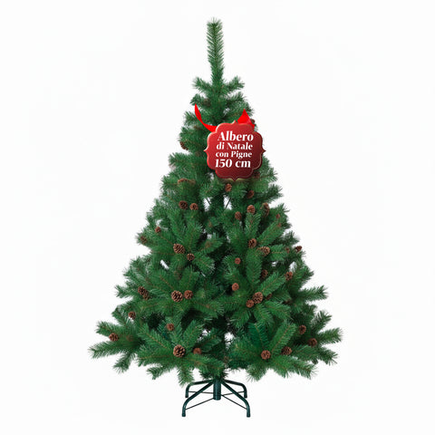 Realistischer grüner Weihnachtsbaum mit Tannenzapfen und Metallständer – 150/180/210 cm