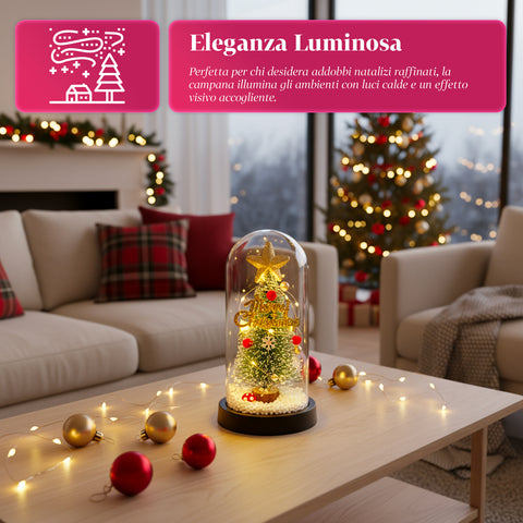 Weihnachtsbaum unter einer Glasglocke mit LED-Lichtern – festliche, beleuchtete Eleganz