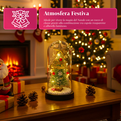 Weihnachtsbaum unter einer Glasglocke mit LED-Lichtern – festliche, beleuchtete Eleganz