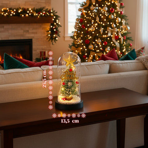 Weihnachtsbaum unter einer Glasglocke mit LED-Lichtern – festliche, beleuchtete Eleganz