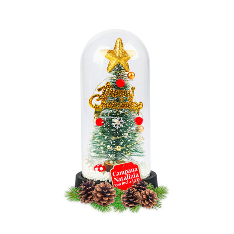 Weihnachtsbaum unter einer Glasglocke mit LED-Lichtern – festliche, beleuchtete Eleganz