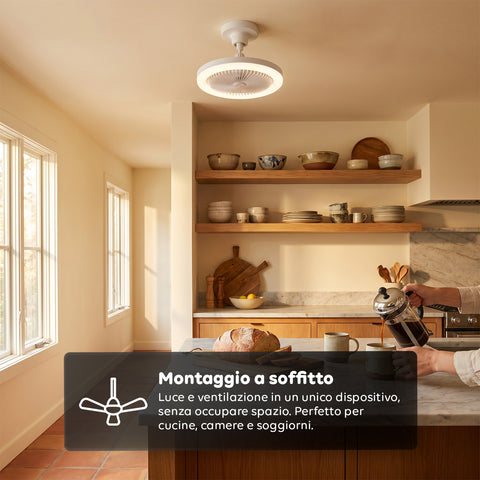 Deckenventilator mit dimmbarer 10-W-LED-Leuchte – 3 Geschwindigkeitsstufen, 4-Stunden-Timer und Fernbedienung – Durchmesser 25 cm, E27-Fassung, Leistung 55 W – warmes, natürliches und kaltes Licht – leise